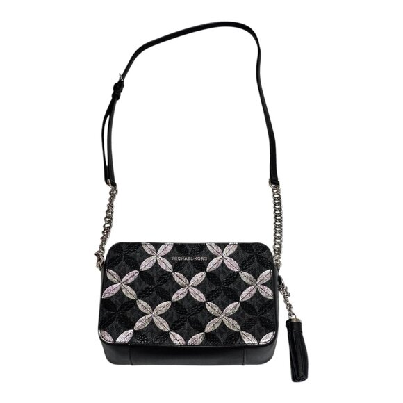Michael Kors Crossbody MD Camera Bag Black/Silver Leaf Pattern Monogram - Picture 1 of 11